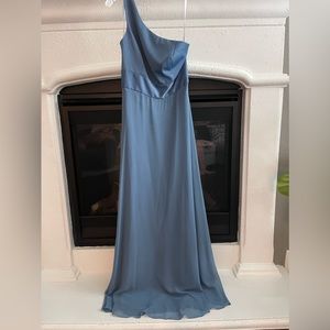 Size 10 steel blue, one shoulder David’s bridal bridesmaid dress